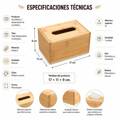 Servilletero Dispensador de Madera Natural 17 x 11 x 9 cm para Cocina, Comedor y Restaurante