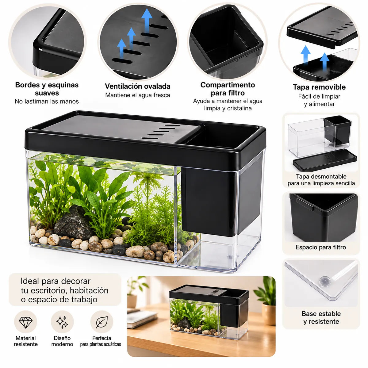 Mini Acuario Decorativo para Plantas Acuáticas 17 x 8 x 10,5 cm