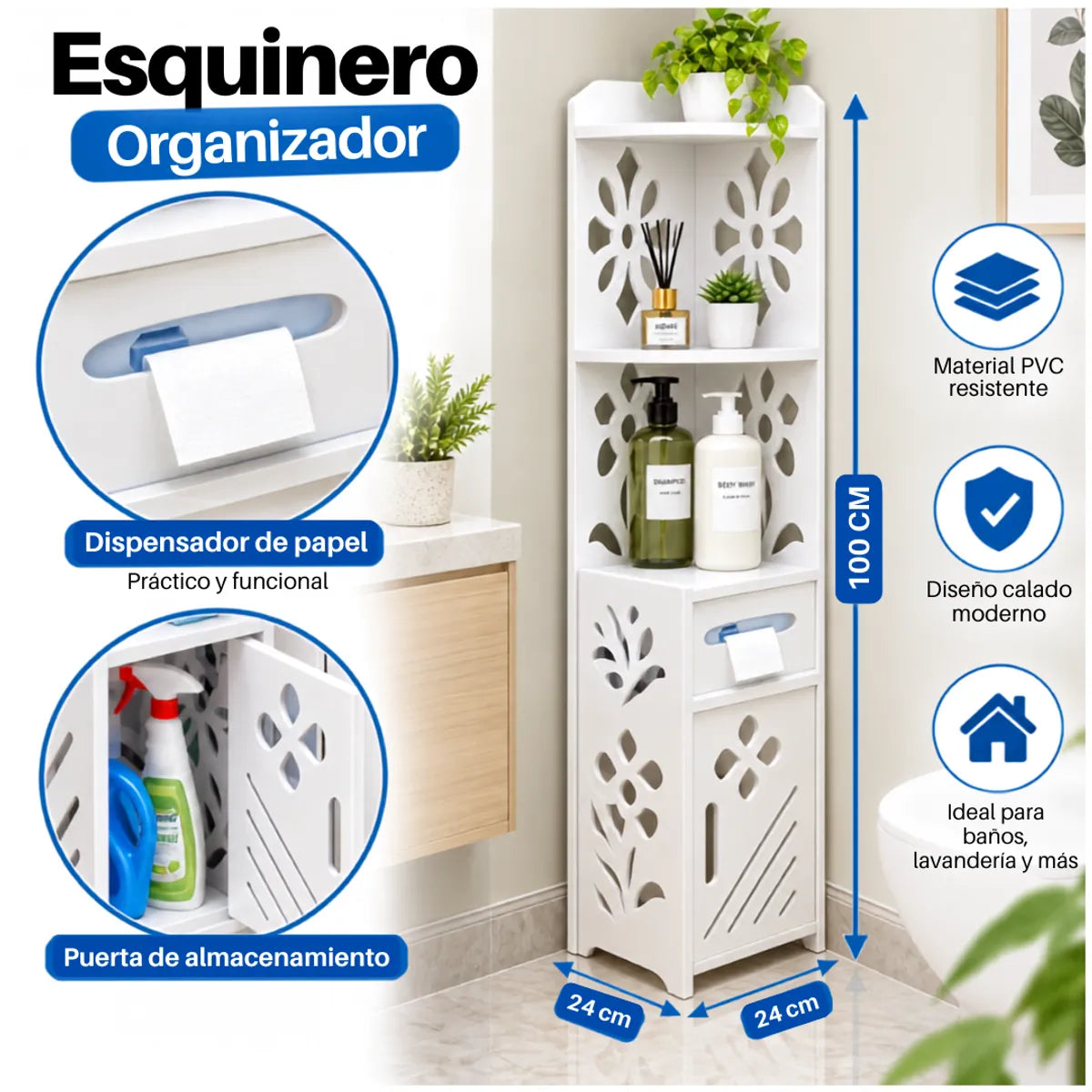 Organizador Esquinero para Baño 100 x 24 x 24 cm con Repisas y Compartimentos