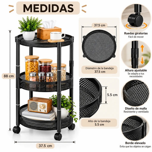Carrito Organizador Circular de 3 Niveles con Ruedas 88 x 37.5 cm, Cocina y Hogar-Color Aleatorio