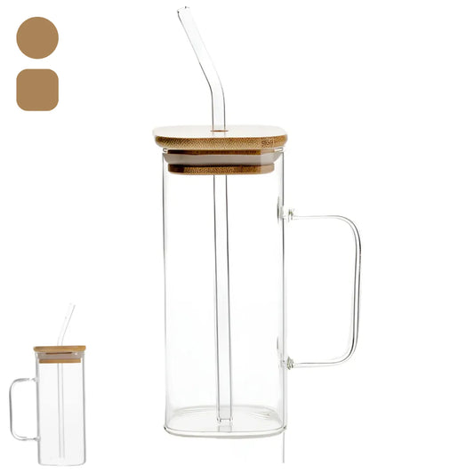 Vaso Taza de Vidrio con Sorbete y Tapa de Bambú