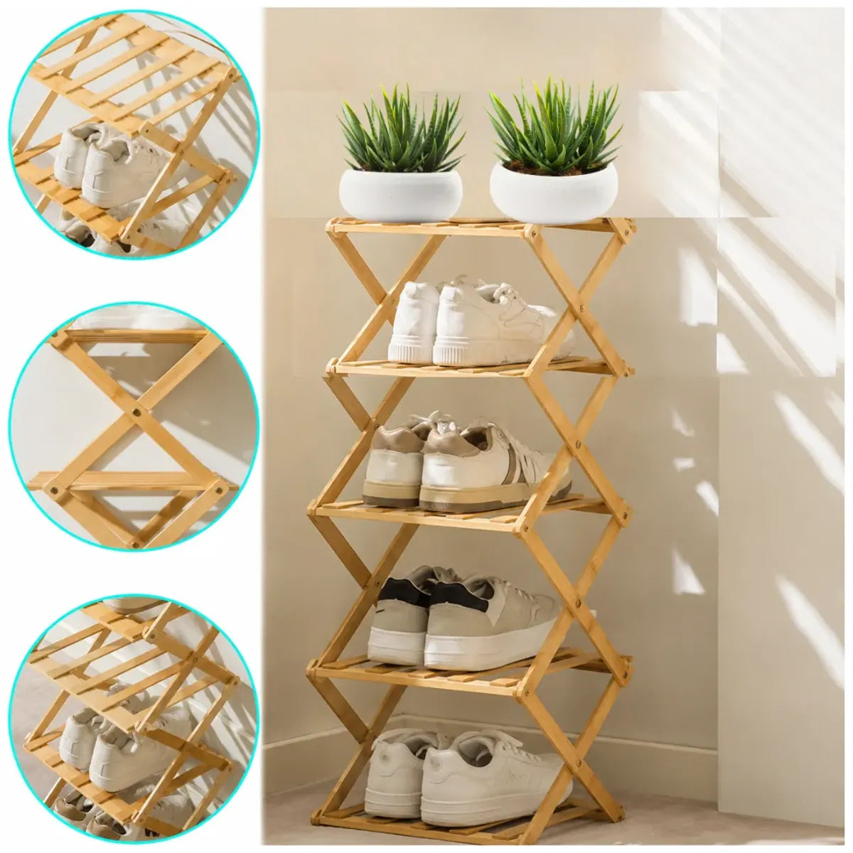 Zapatera Plegable Organizador de Bambú 5 Niveles de Calzado para Dormitorio y Hogar