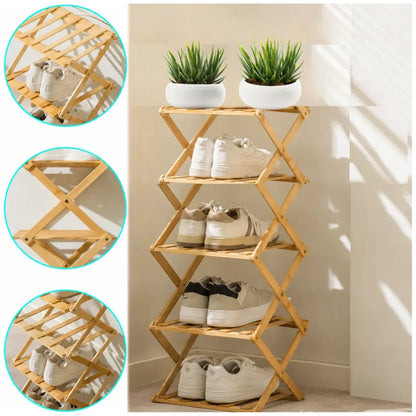 Zapatera Plegable Organizador de Bambú 5 Niveles de Calzado para Dormitorio y Hogar